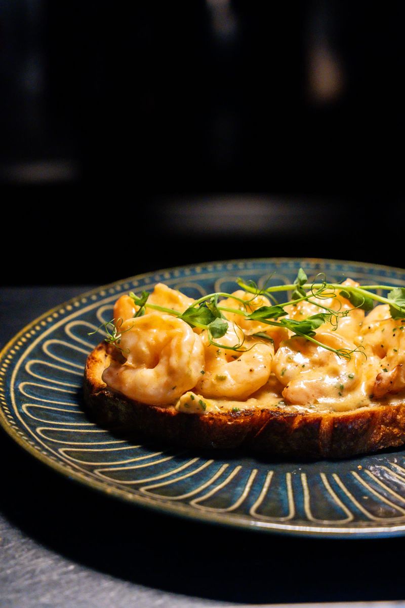 Food photograph by Hiren: prawns on a blue plate