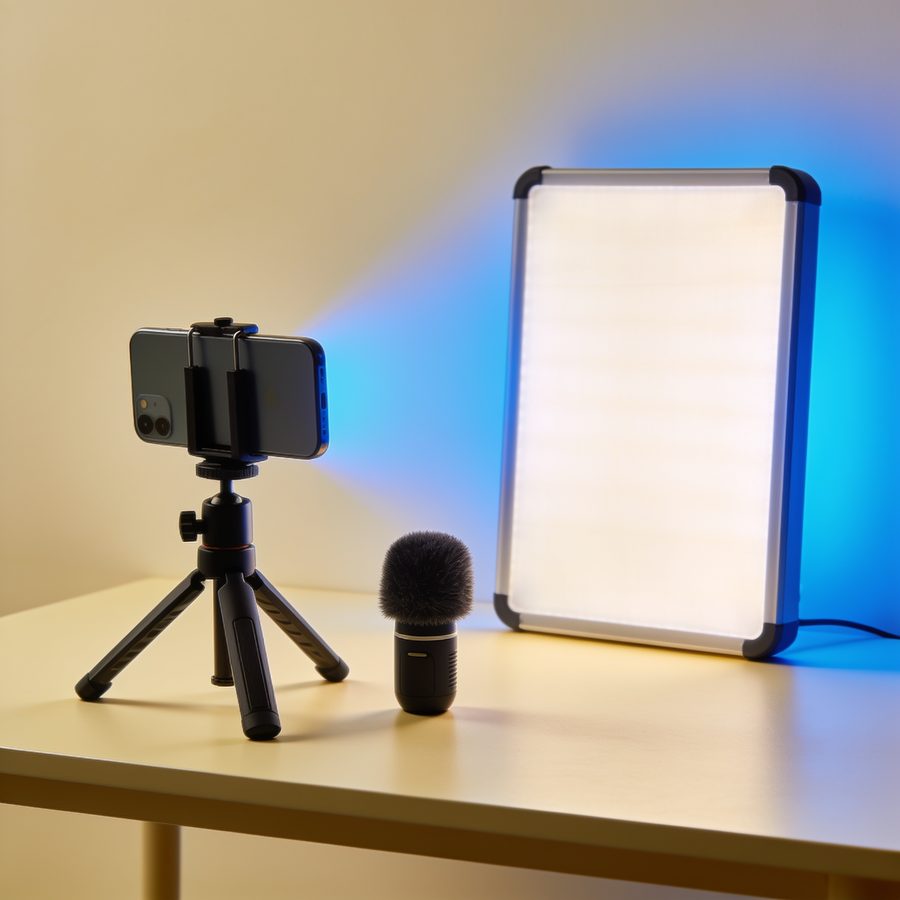 A creator filming setup with a phone and light