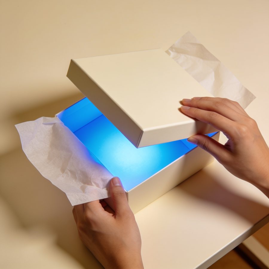 Hands opening a box lit blue inside